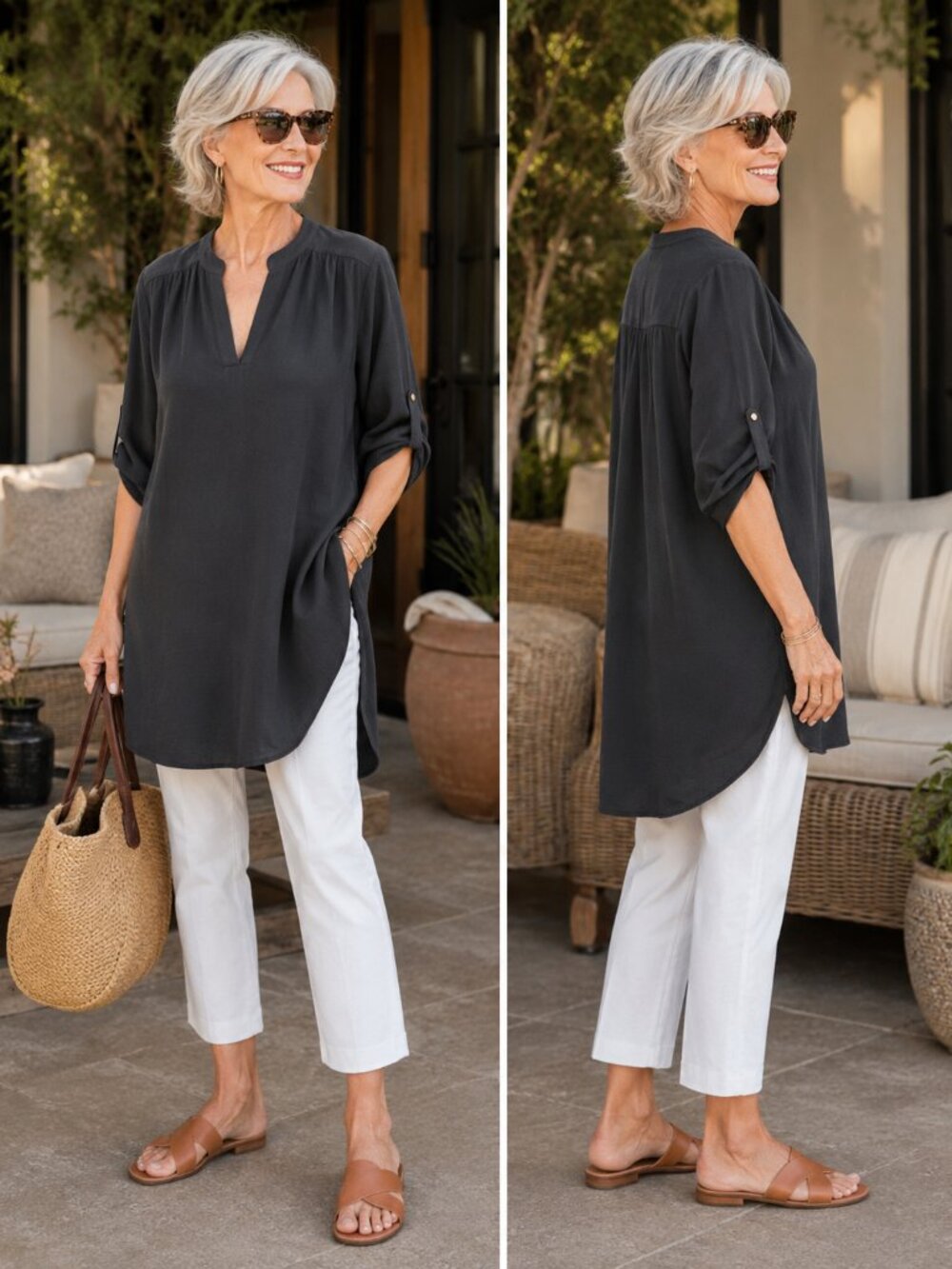Meraki Tunic Top Size Small Black Roll Tab Sleeve Split Neck Flowy (G-1791)